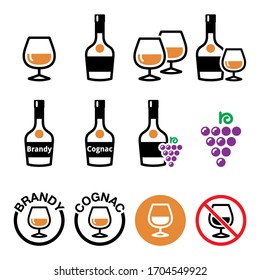 Brandy and cognac vector color icons set - alcohol design set, alcohol - brandy and cognac bottle, glass icons isolated on white 
 