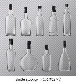 Brandy Cognac Whiskey Glass Bottles Set With Empty Alcohol Jars Of Different Shape On Transparent Background Vector Illustration