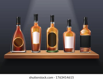 Brandy cognac whiskey set of realistic glass bottles of different shape on wooden shelf with labels vector illustration