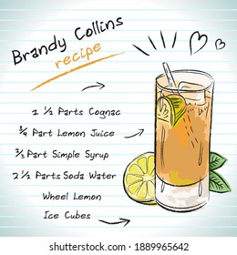 Brandy collins cocktail, vector sketch hand drawn illustration, fresh summer alcoholic drink with recipe and fruits	
