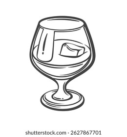 Brandy glass with one ice cube in doodle outline style. Hand drawn alcohol drink element. Vector illustration for bar menu, cocktail design, or pub decor.