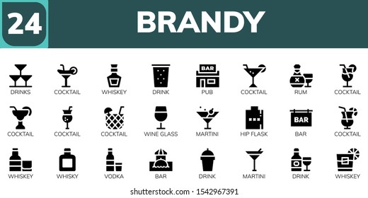 brandy icon set. 24 filled brandy icons.  Collection Of - Drinks, Cocktail, Whiskey, Drink, Pub, Rum, Wine glass, Martini, Hip flask, Bar, Whisky, Vodka icons