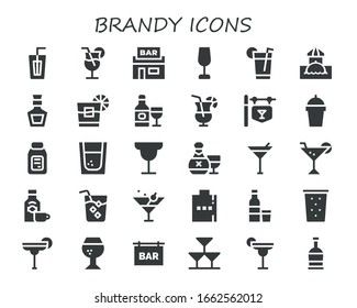 brandy icon set. 30 filled brandy icons. Included Drink, Cocktail, Pub, Wine glass, Bar, Whiskey, Alcohol, Tequila, Rum, Martini, Hip flask, Vodka, Brandy, Drinks icons