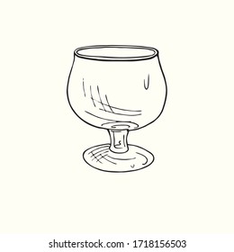 Brandy snifter glass isolated, outline simple doodle drawing, gravure style, design element