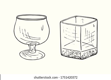 Brandy snifter glass and old fashioned glass (with corners) isolated collection, outline simple doodle drawing, gravure style, design element