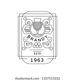 Brandy vintage label design, strong drink emblem estd 1963, alcohol industry monochrome badge vector Illustration on a white background