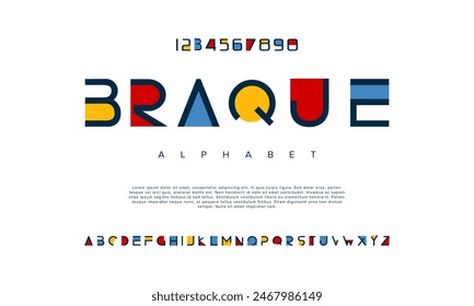 Braque creative geometric modern urban alphabet font. Digital abstract futuristic, fashion, sport, minimal technology typography. Simple numeric vector illustration