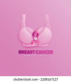 Bra-shaped illustration with pink ribbon symbolizing breast cancer awareness and femininity.