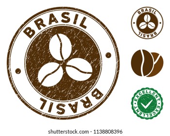 Brasil brown stamp. Vector seal imprint imitation with grunge surface and coffee color. Round vector rubber seal stamp with grunge design of Brasil text. Bonus excellent mark.