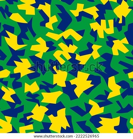 BRASIL CAMOUFLAGE PATTERN.BRAZIL VECTOR CAMOFLAGE IN YELLOW,GREEN AND BLUE. ENDLESS,SEAMLESS SURFACE PATTERN DESIGN READY TO PRINT FOR FABRIC, PAPER OR DIGITAL USES.