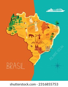 Brasil cartoon travel map vector illustration with landmarks, cities, roadmap. Infographic concept shape template design with country navigator. Brazilian journey, tourism web layout, clipart, icons