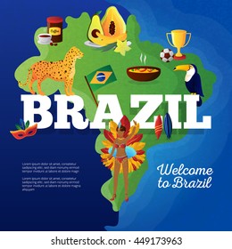 Brasil cultural symbols map for travelers flat poster with toucan bird and football cup trophy abstract vector illustration 