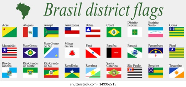 brasil districts flags complete collection against gray background, abstract vector art illustration