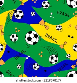 BRASIL FOOTBALL PATTERN.VEKTORPATTERN. FARBVERLAUF-, PAPIER- ODER DIGITALBENUTZUNGEN MIT SCHNITTSTELLE, SCHEINLICHEM OBERFLÄCHENPATTERN. BRASILBÄLLE IN GELB, GRÜN UND BLAU.