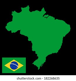 Brasil high detailed green vector map and flag isolated on black background. Silhouette illustration. 