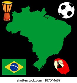 Brasil high detailed green vector map and flag isolated on black background. Silhouette illustration. Soccer bal, drum and Macaw parrot  had, symbols of Brazil. ara head.