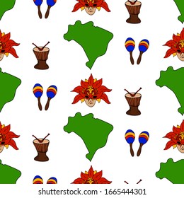Brasil icons seamless pattern. Sketch vector illustration, doodle elements, Isolated Brasil national elements, Travel to Brasil pattern for cards and web pages