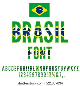 Brasil National Flag stylized flat Font. Alphabet and Numbers in Vector Set