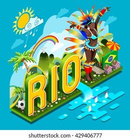 Brasil Rio Summer Games Infográfico. Evento Mundial de Viagem para Pessoas Smartphone. Ícone de recreação esportiva. Copacabana Landmark Futebol Sinais & Símbolo Carnaval Brasil Bandeira. Ilustração vetorial isométrica 3D