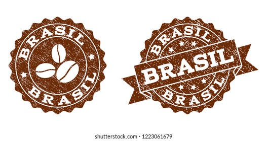 Brasil rubber stamps. Vector seals in chocolate color with round, ribbon, rosette, coffee bean elements. Grainy design and unclean texture are used for Brasil rubber imprints.