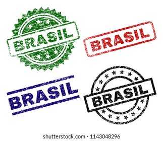 BRASIL seal prints with damaged surface. Black, green,red,blue vector rubber prints of BRASIL title with grunge surface. Rubber seals with round, rectangle, rosette shapes.