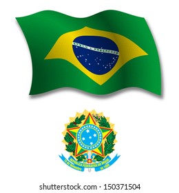 brasil shadowed textured wavy flag and coat of arms against white background, vector art illustration, image contains transparency transparency
