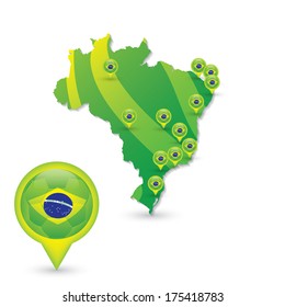 Brasil Soccer green map and match locations with pointer