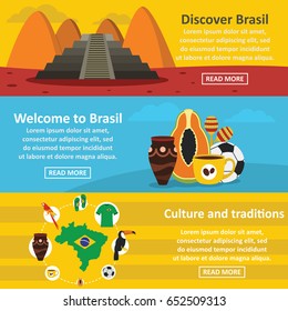 Brasil travel banner horizontal concept set. Flat illustration of 3 brasil travel vector banner horizontal concepts for web