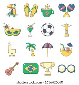 Brasil travel icons set. Cartoon illustration of 16 Brasil travel vector icons for web