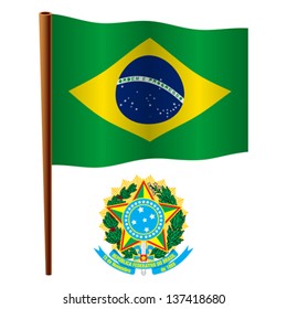 brasil wavy flag and coat of arms against white background, vector art illustration, image contains transparency
