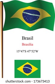 brasil wavy flag and coordinates against white background, vector art illustration, image contains transparency