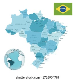 Brasilia administrative blue-green map with country flag and location on a globe. Vector illustration