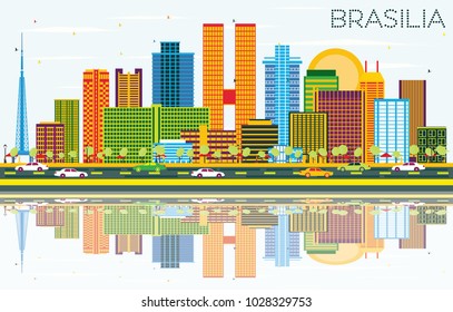 Brasilia Brazil City Skyline with Color Buildings, Blue Sky and Reflections. Vector Illustration. Business Travel and Tourism Concept with Modern Architecture. Brasilia Cityscape with Landmarks.