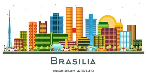 Brasilia Brazil City Skyline with Color Buildings isolated on white. Vector Illustration. Business Travel and Tourism Concept with Modern Architecture. Brasilia Cityscape with Landmarks.