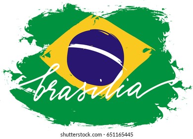 Brasilia brazil flag painted handwriting text, vector. There are true colors of flag.  