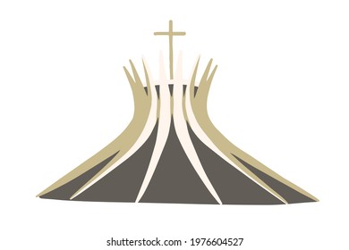 Brasilia, Brazil - May 7, 2021 Metropolitan Cathedra Of Brasil. Modern Brazilian Catholic Church With Cross On Roof. Architecture Of Modernism. Flat Vector Illustration Isolated On White Background