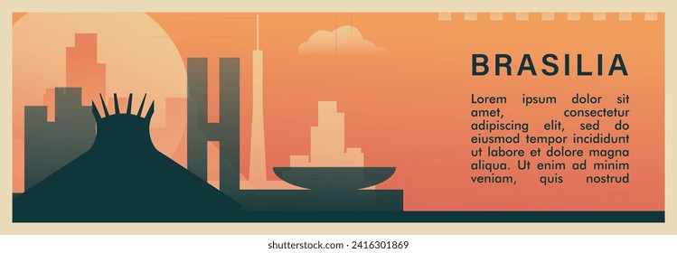 Banner vectorial del brutalismo de la ciudad de Brasilia con horizonte, paisaje urbano. Ilustración horizontal retro de capital de Brasil, diseño de viaje de estilo antiguo para presentación web, encabezado, pie de página