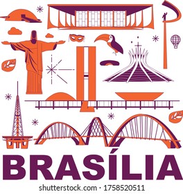 Brasilia Kultur Reise-Set, berühmte Architekturen und Spezialitäten in flachem Design. Business-brasilianische Tourismuskonzept Clipart Kunst. Bild für Präsentation, Banner, Website, Werbung, Flyer, Roadmap, Symbole