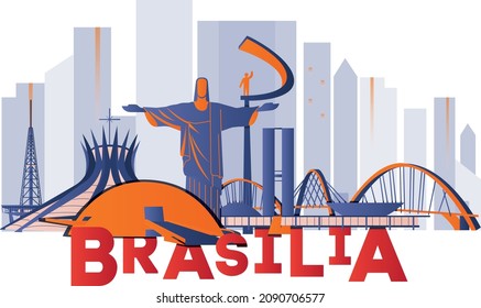 Brasilia Kultur Reise-Set, berühmte Architekturen und Spezialitäten in flachem Design. Business-brasilianische Tourismuskonzept Clipart Kunst. Bild für Präsentation, Banner, Website, Werbung, Flyer, Roadmap, Symbole