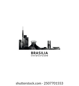 Brasilia panorama, vector badge, skyline logo and icon. Brazil capital city horizon logotype with landmarks and building silhouettes. Isolated foggy abstract gradient graphic