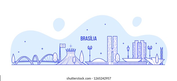 Brasilia skyline, Brazil. This illustration represents the city with its most notable buildings. Vector is fully editable, every object is holistic and movable