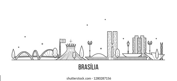 Brasilia skyline, Brazil. This illustration represents the city with its most notable buildings. Vector is fully editable, every object is holistic and movable