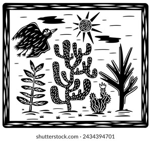 Brasilian cordel style. Desert landscape and bird flying towards the sun. Cacti, succulents, sun and clouds on frame. Woodcut style.