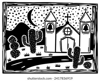 Brasilian cordel style. Landscape with church. Woodcut style.