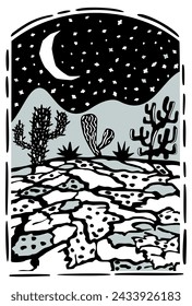 Brasilian cordel style. Night desert landscape with cacti. Woodcut illustration.