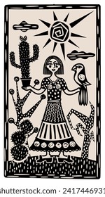 Brasilian cordel style. Woman with cactus and parrot. Woodcut style.