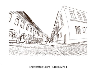 Brasov is a city in the Transylvania region of Romania, ringed by the Carpathian Mountains. Hand drawn sketch illustration in vector.