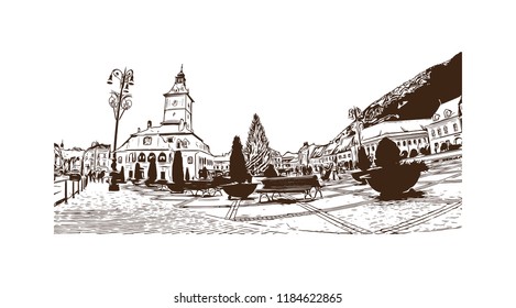 Brasov is a city in the Transylvania region of Romania, ringed by the Carpathian Mountains. Hand drawn sketch illustration in vector.