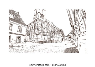 Brasov is a city in the Transylvania region of Romania, ringed by the Carpathian Mountains. Hand drawn sketch illustration in vector.