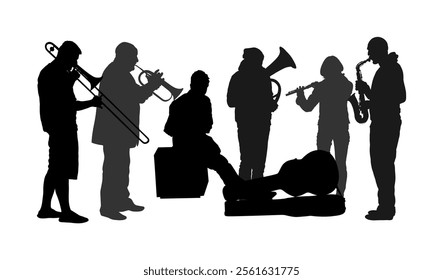 Brass band play musician silhouette illustration isolated. Wind instrument concert jazz. Music orchestra clarinet, flute, trumpet, bugler, saxophone, trombone, tenor horn, flutist entertainment shape